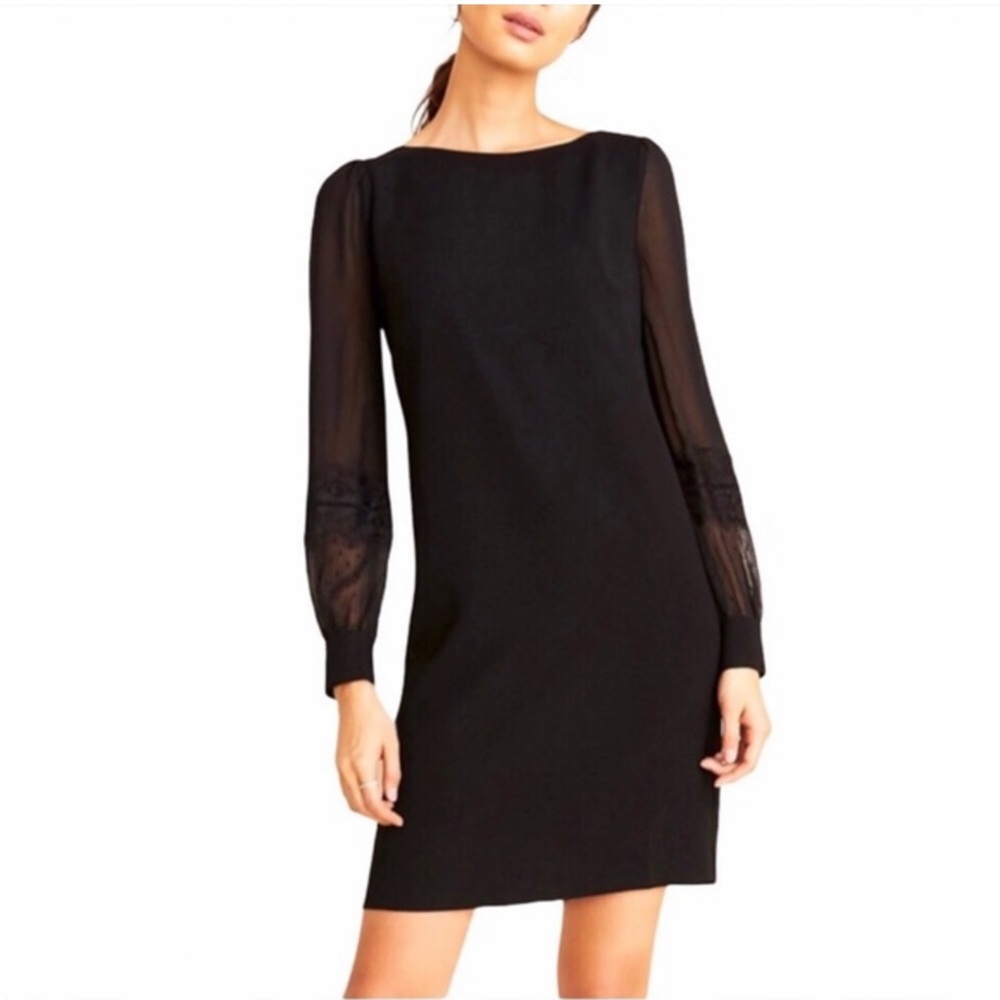 ANN TAYLOR SIZE 0P BLACK SHIFT DRESS WITH  LACE DETAILED SHEER LONG SLEEVES